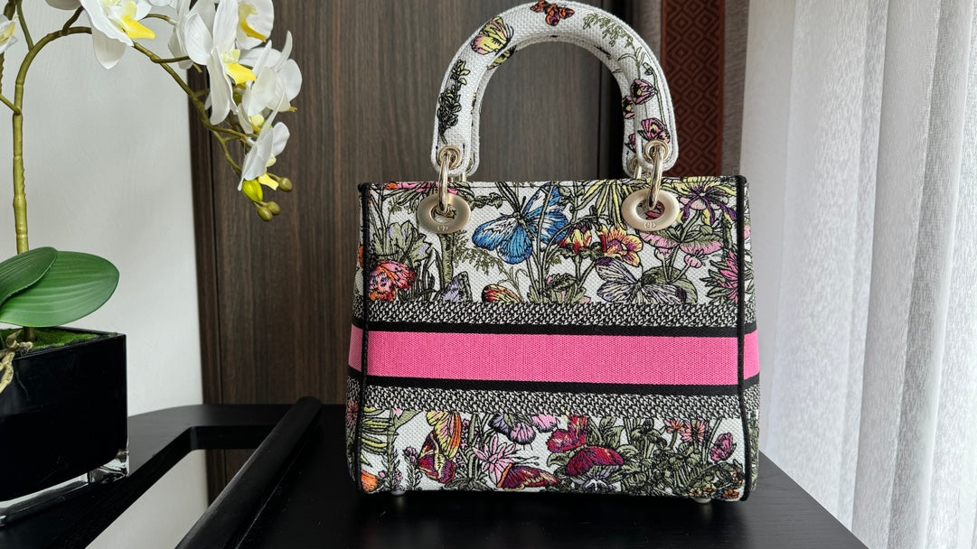 Dior Elegant Floral and Butterfly Embroidered Canvas Handbag with Strap