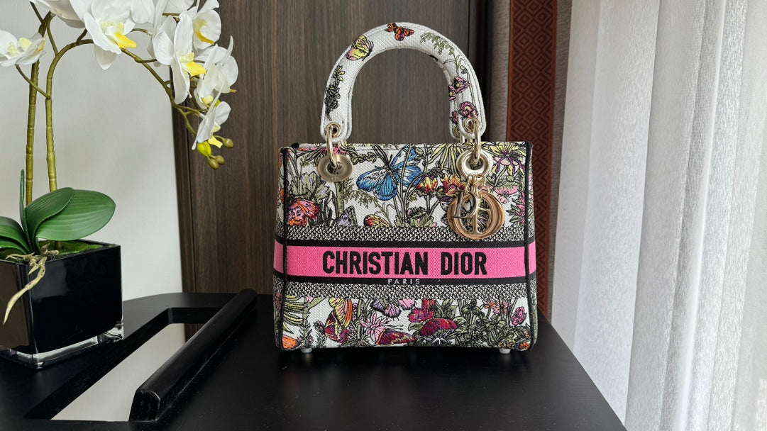 Dior Elegant Floral and Butterfly Embroidered Canvas Handbag with Strap