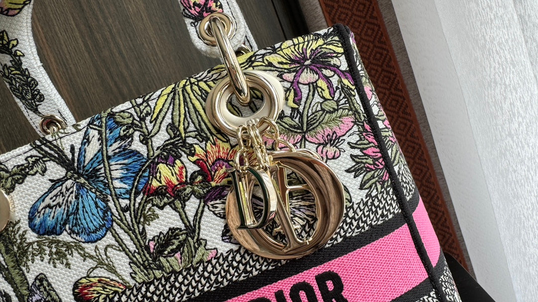Dior Elegant Floral and Butterfly Embroidered Canvas Handbag with Strap