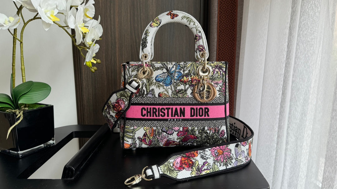 Christian Dior Medium Lady D-Lite Bag with Butterfly Around the World Embroidery