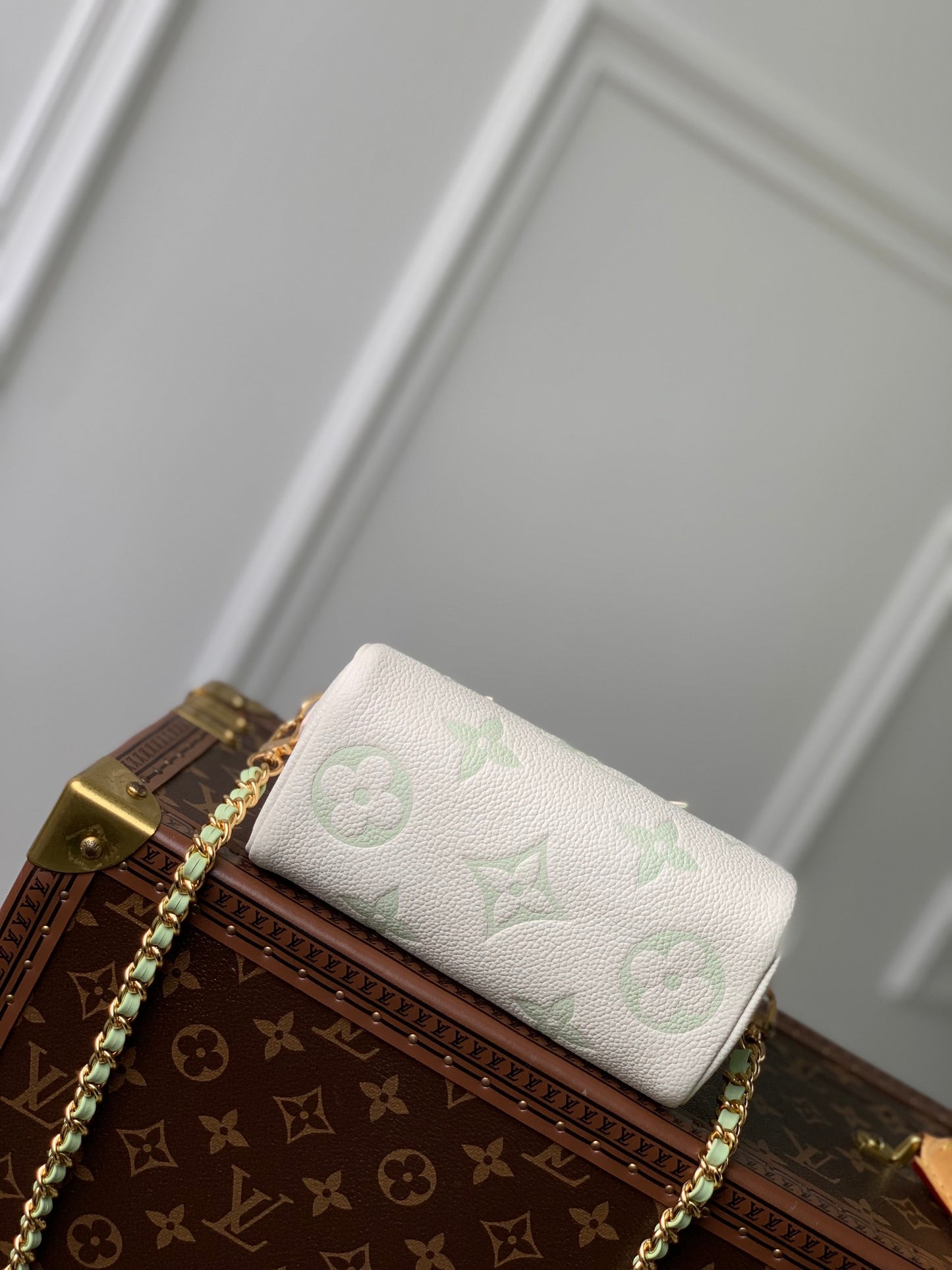 Louis Vuitton Mini Cream Leather Top Handle Bag with Sage Green Monogram and Gold Chain