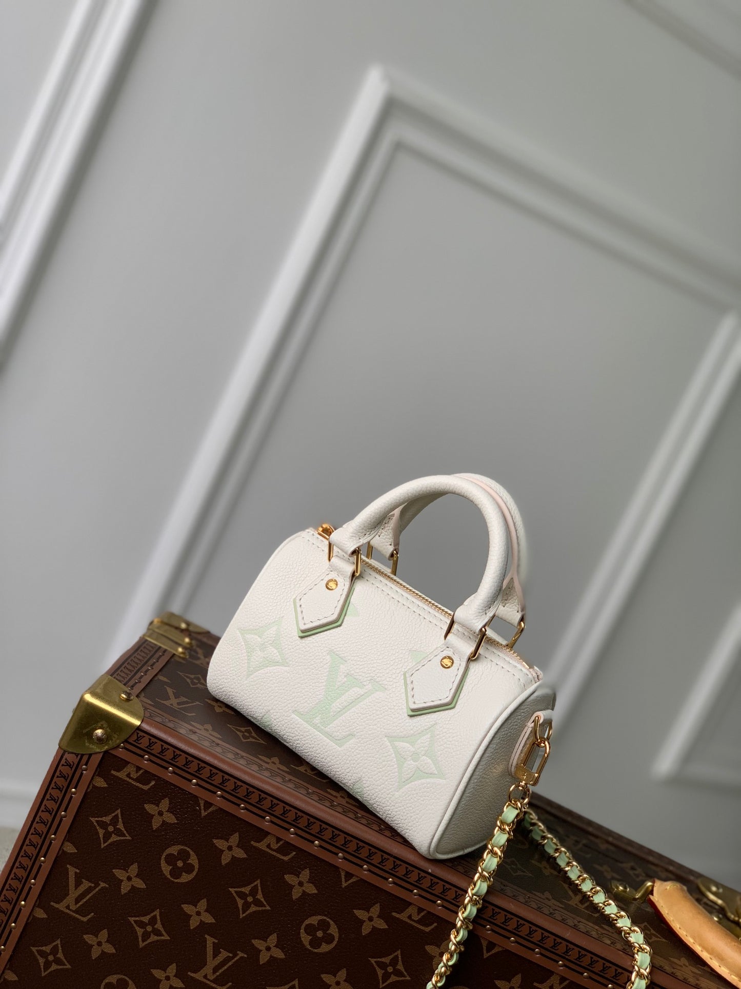 Louis Vuitton Mini Cream Leather Top Handle Bag with Sage Green Monogram and Gold Chain