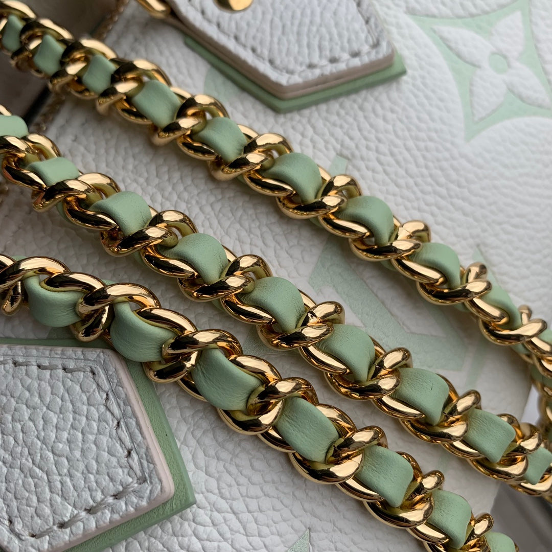 Louis Vuitton Mini Cream Leather Top Handle Bag with Sage Green Monogram and Gold Chain