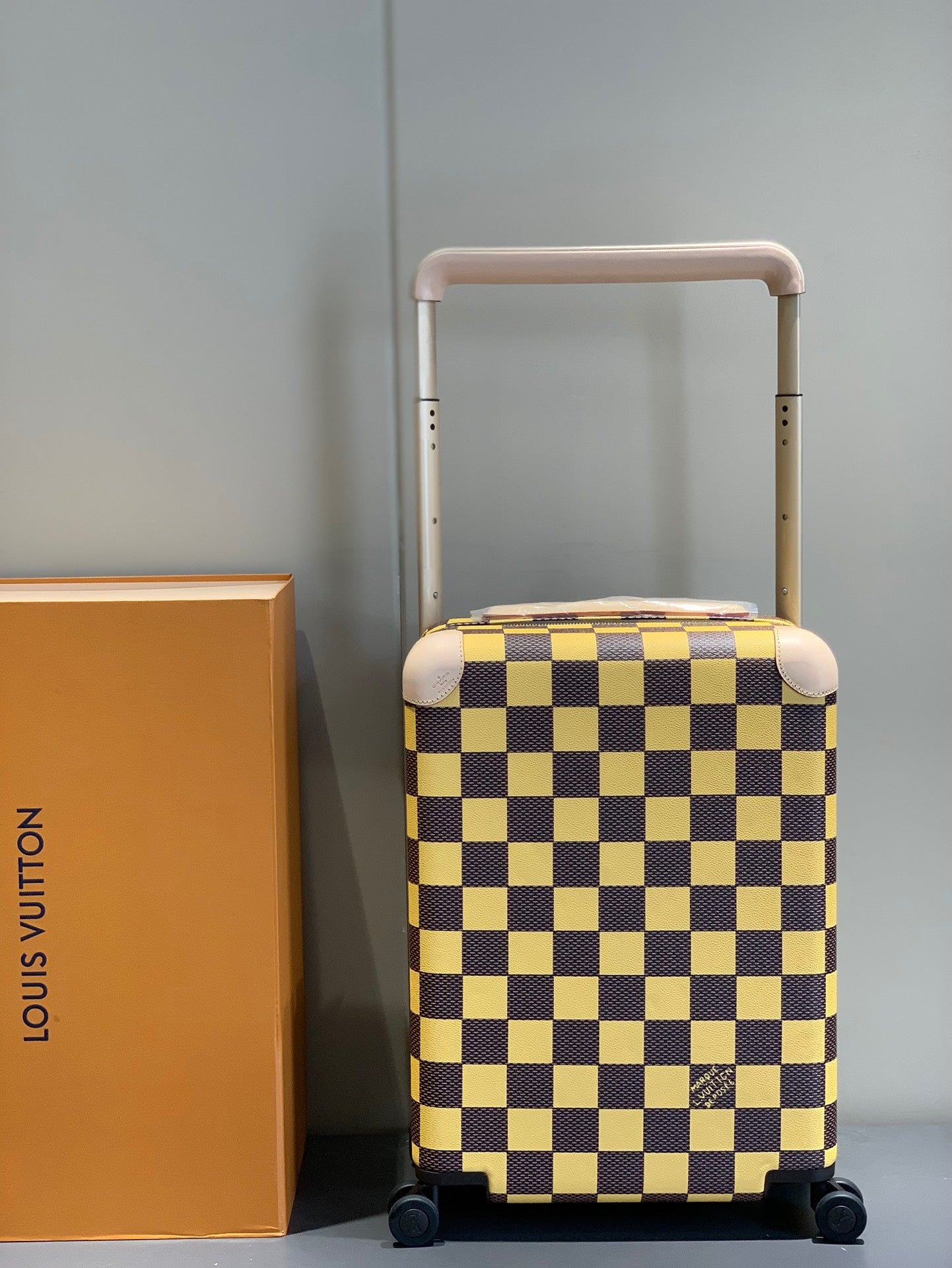 Checkerboard Pattern Rolling Suitcase with Leather Wrapped Handle