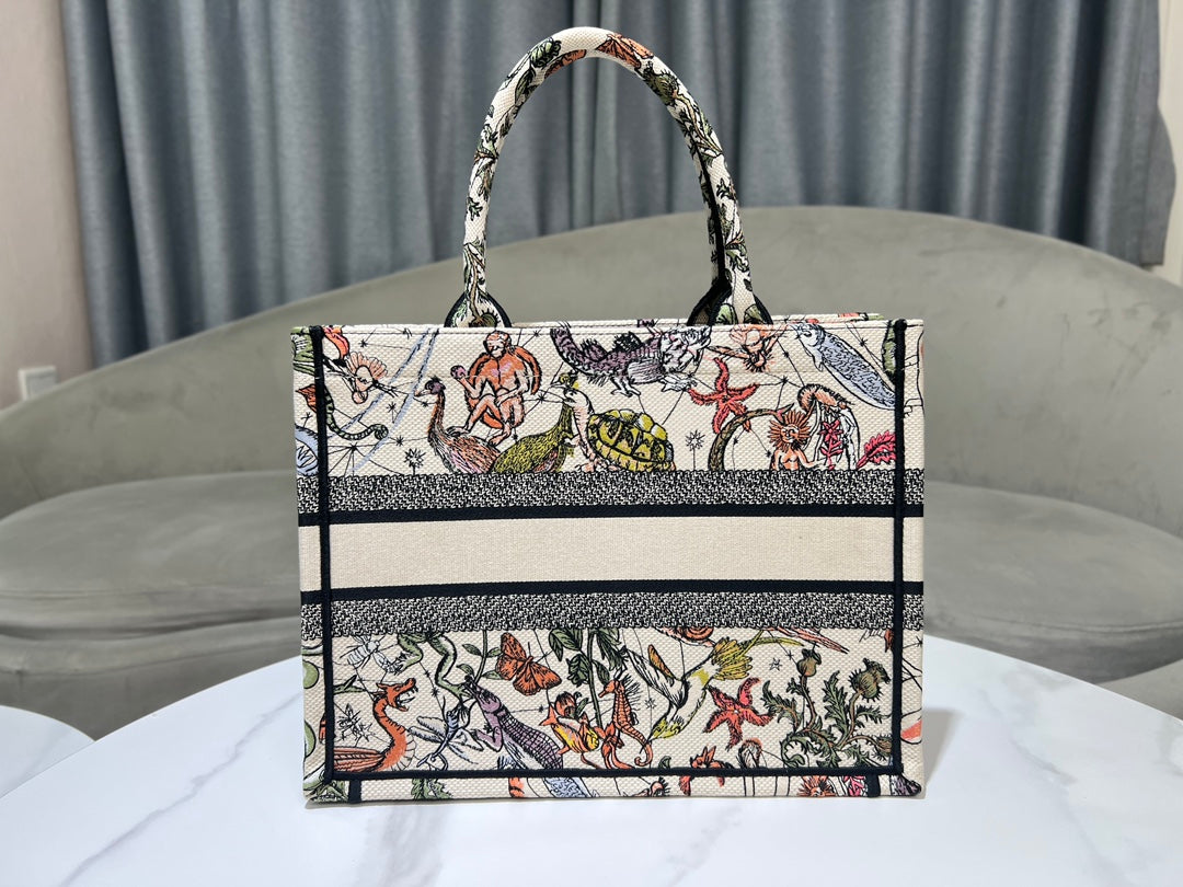 Dior Vintage Botanical and Animal Print Canvas Tote Bag with Top Handles