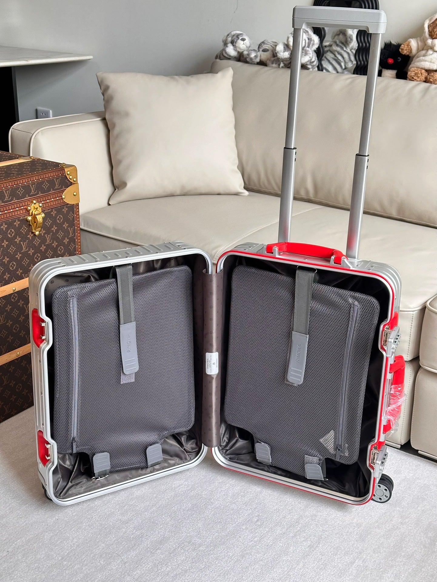 Silver Ribbed Hardside Spinner Suitcase with Red Accent Handle
