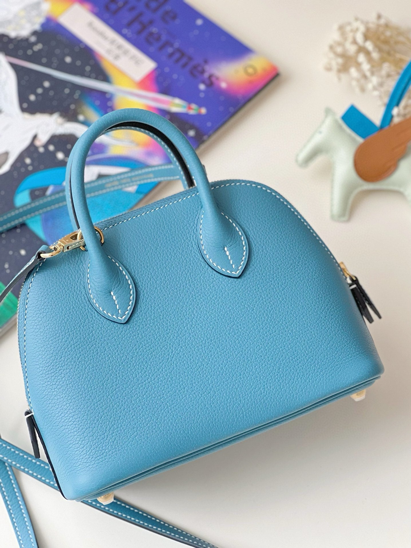 Elegant Blue Dome Handbags with Horse Charm and Silk Scarf - Set of 2 Top Handle Crossbody Bags