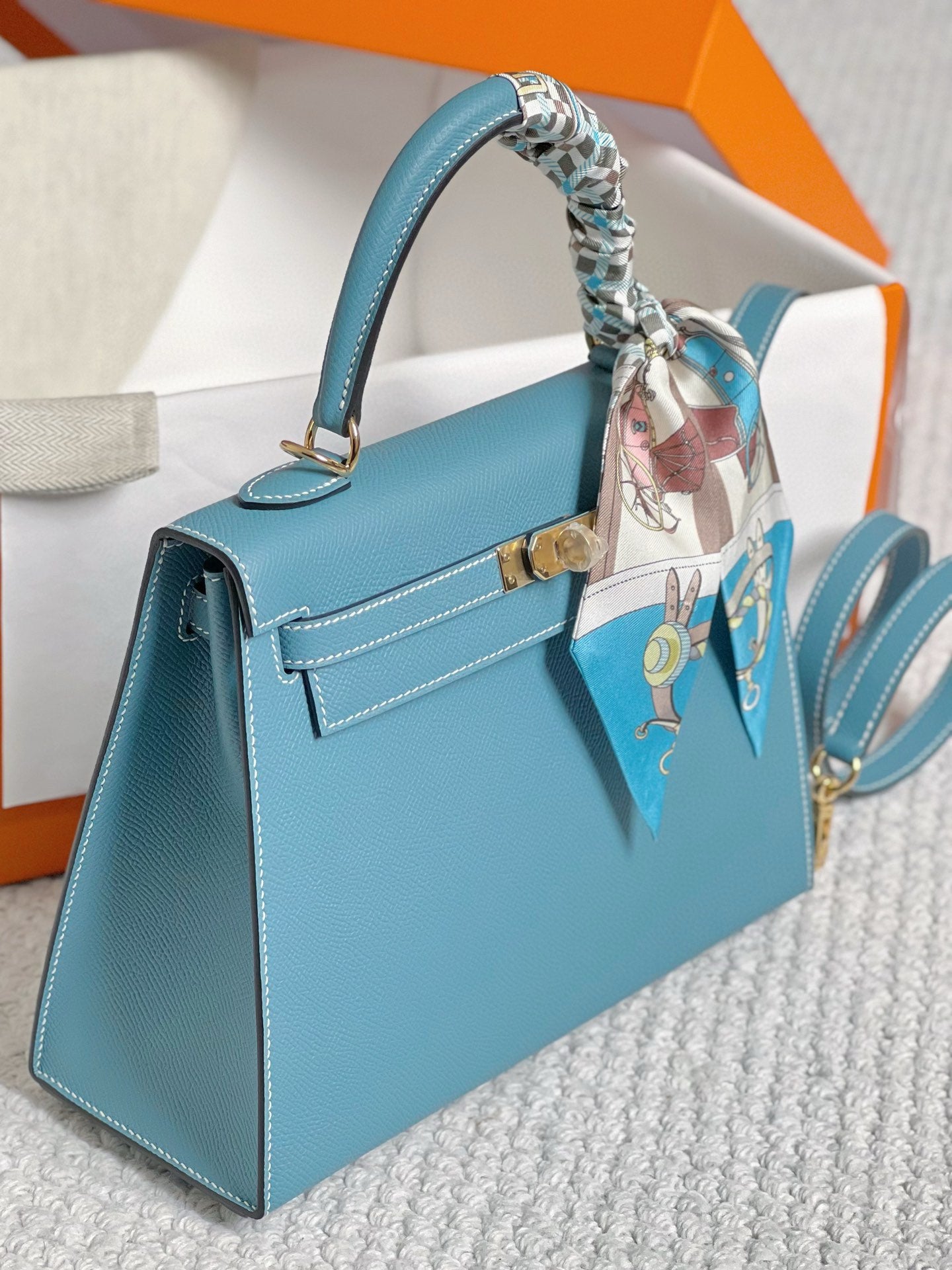 Hermès Kelly Style Light Blue Leather Handbag with Gold Hardware and Twilly Scarf