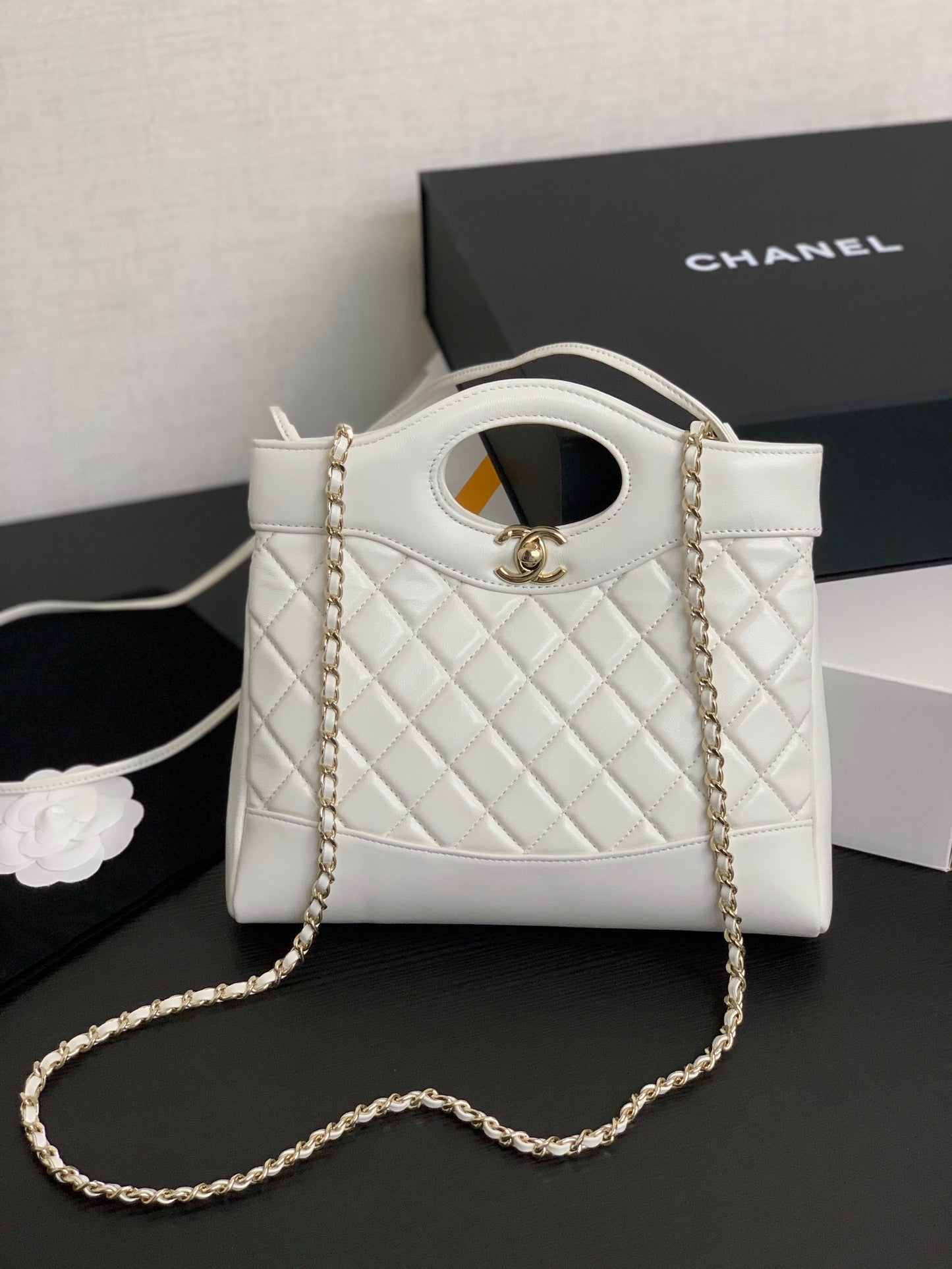 Chanel Small White Quilted Lambskin Shopping Bag with Cutout Handle