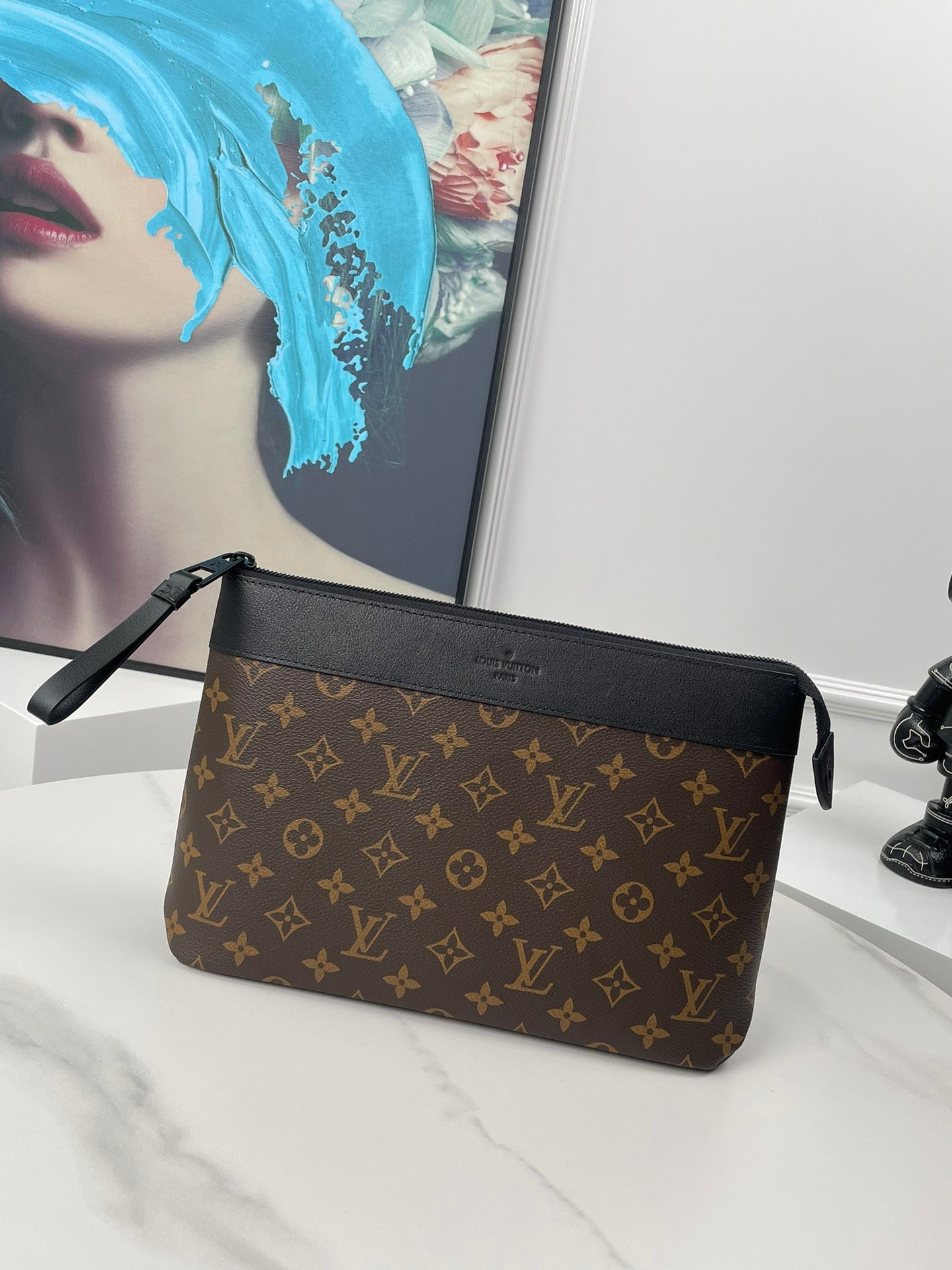 Louis Vuitton Luxury Brown Monogram Zippered Pouch Clutch with Wristlet Strap