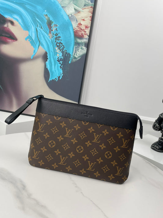 Louis Vuitton Luxury Brown Monogram Zippered Pouch Clutch with Wristlet Strap
