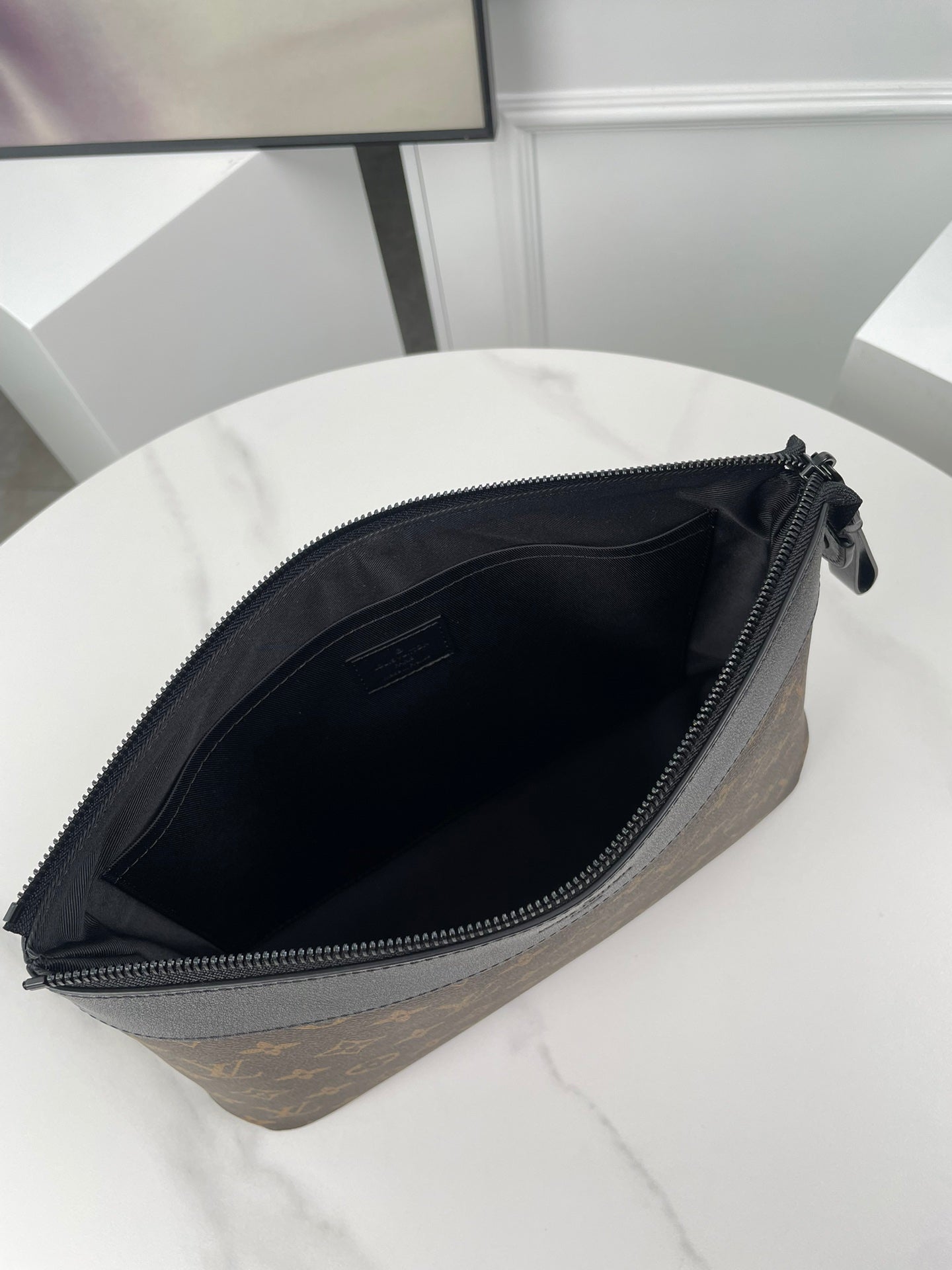 Louis Vuitton Luxury Brown Monogram Zippered Pouch Clutch with Wristlet Strap