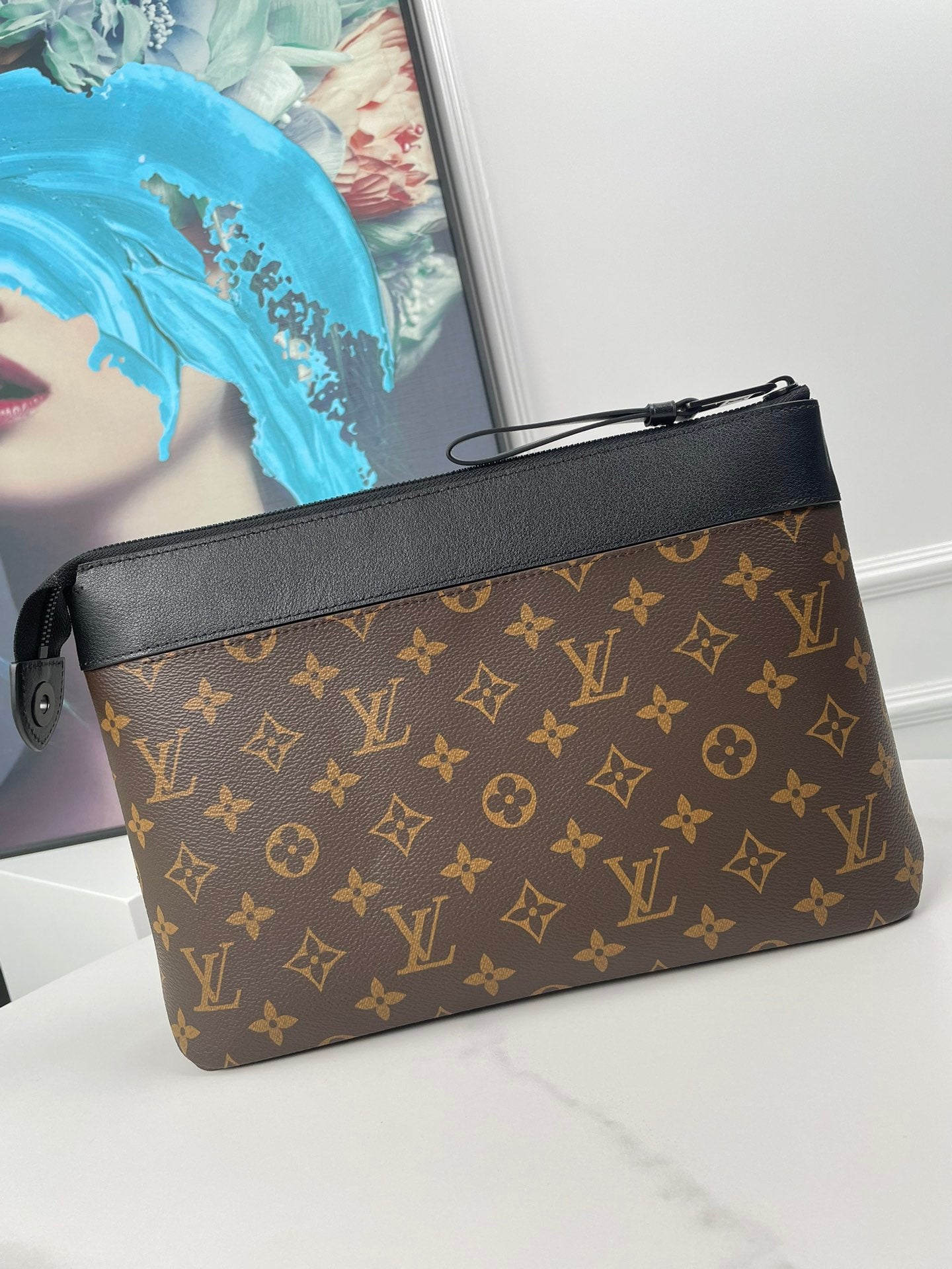 Louis Vuitton Luxury Brown Monogram Zippered Pouch Clutch with Wristlet Strap