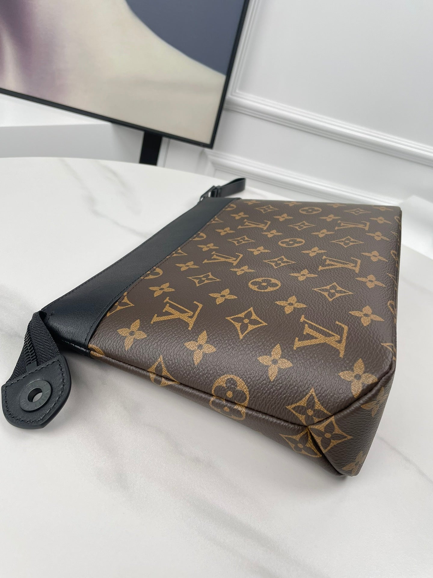 Louis Vuitton Luxury Brown Monogram Zippered Pouch Clutch with Wristlet Strap