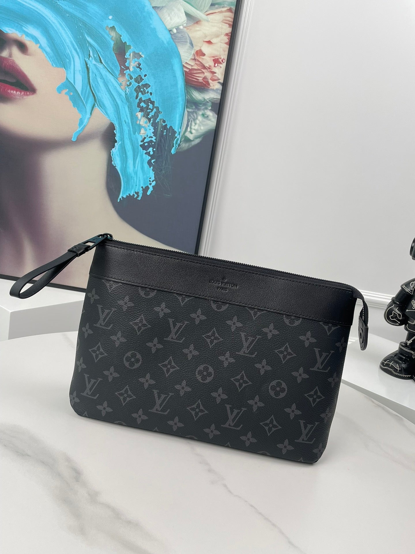 Louis Vuitton Luxury Black Monogram Pattern Zippered Clutch Pouch Bag