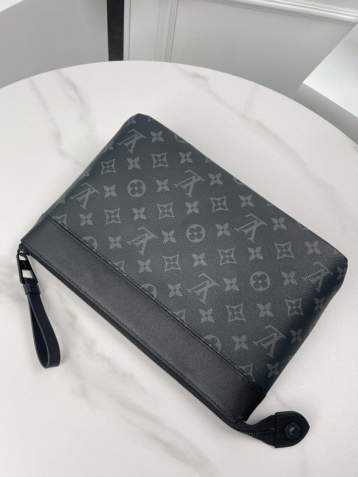 Louis Vuitton Luxury Black Monogram Pattern Zippered Clutch Pouch Bag