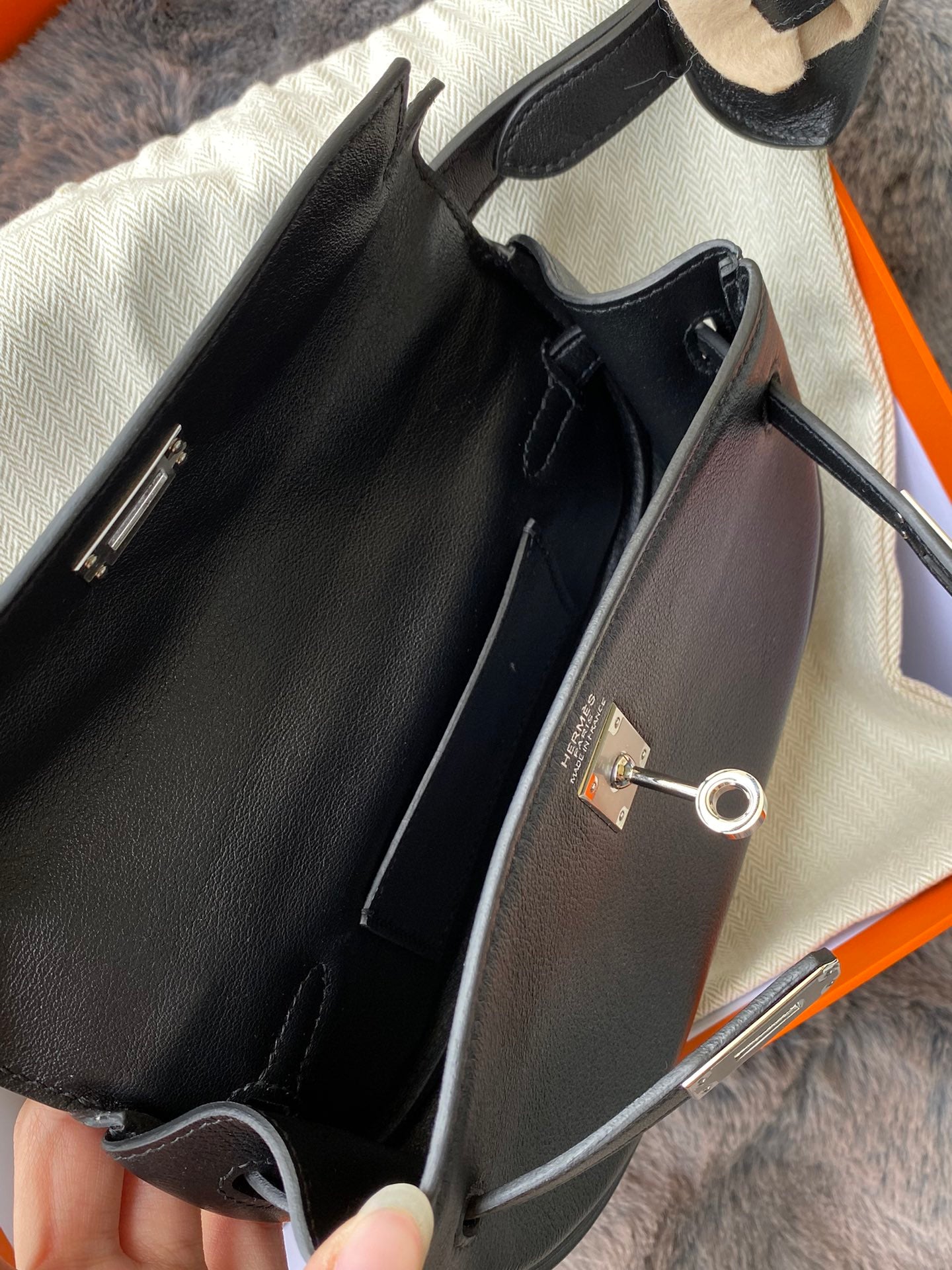 Hermès Kelly Danse Black Leather Shoulder Bag with Miniature Pouch Charm