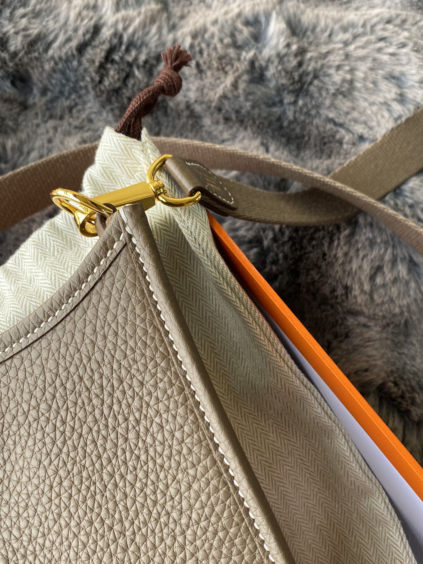 Hermès Evelyne TPM 16 Mini Bag in Etoupe Clemence Leather with Gold Hardware