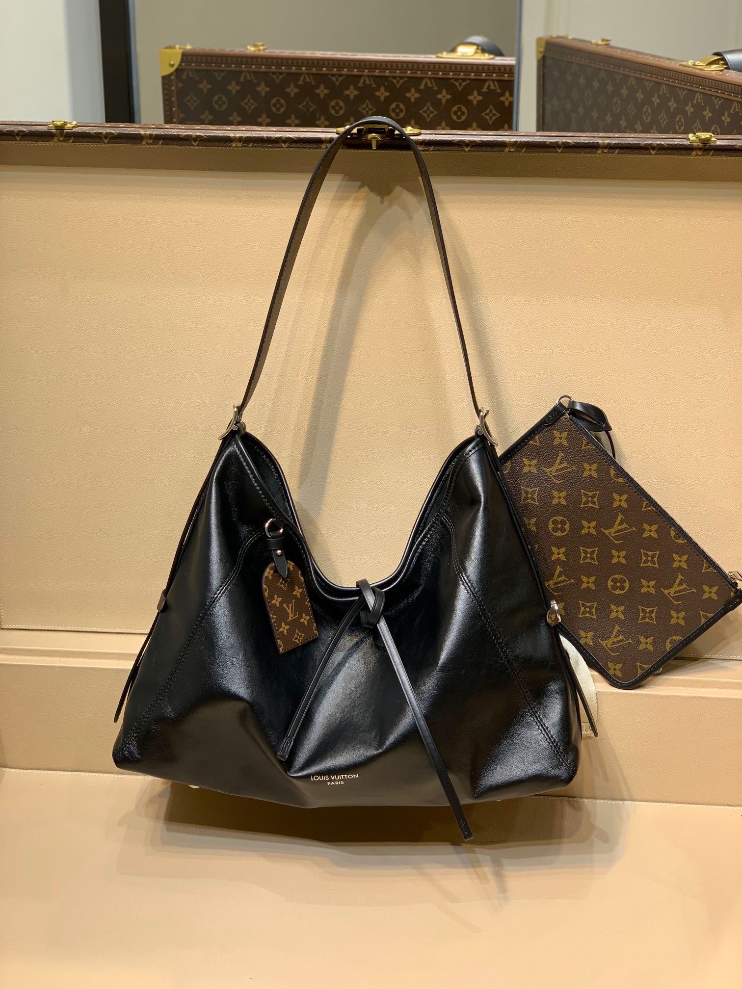 Louis Vuitton Classic Black Leather Hobo Bag with Detachable Monogram Pouch