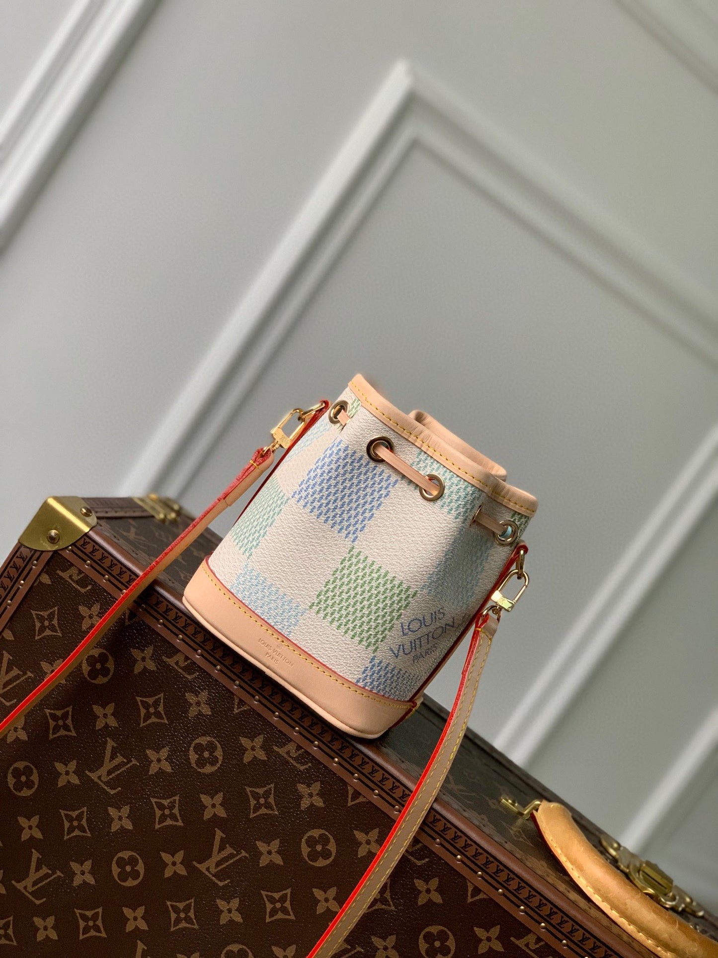 Louis Vuitton Pastel Checkerboard Drawstring Bucket Bag with Leather Strap