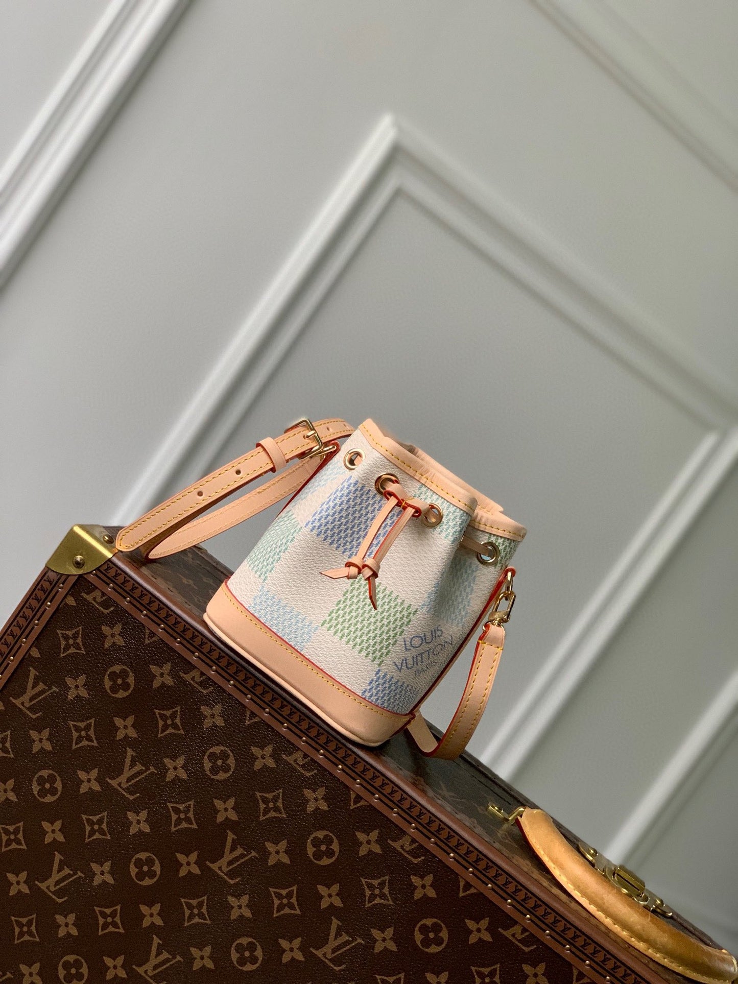 Louis Vuitton Pastel Checkerboard Drawstring Bucket Bag with Leather Strap