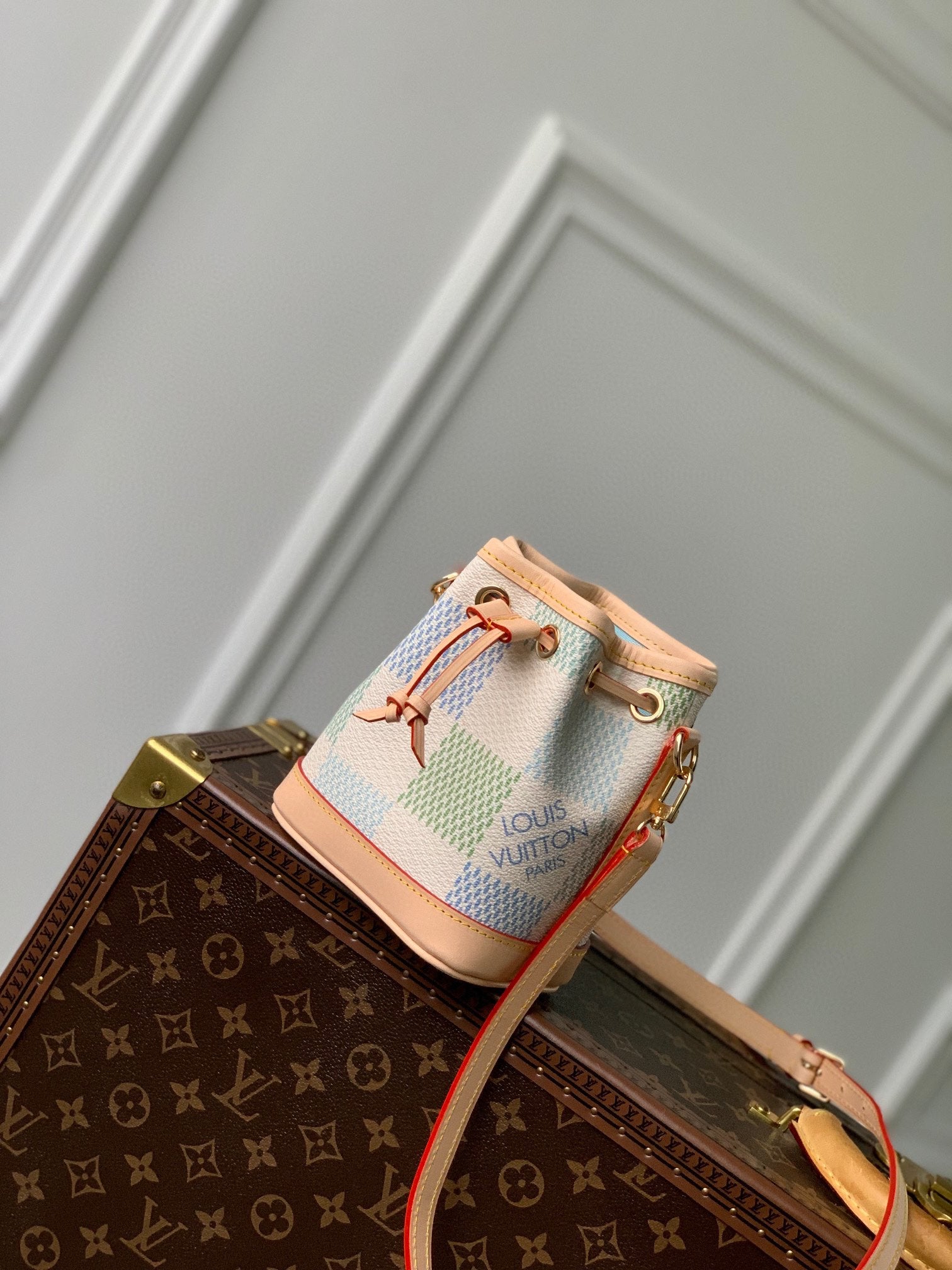 Louis Vuitton Pastel Checkerboard Drawstring Bucket Bag with Leather Strap