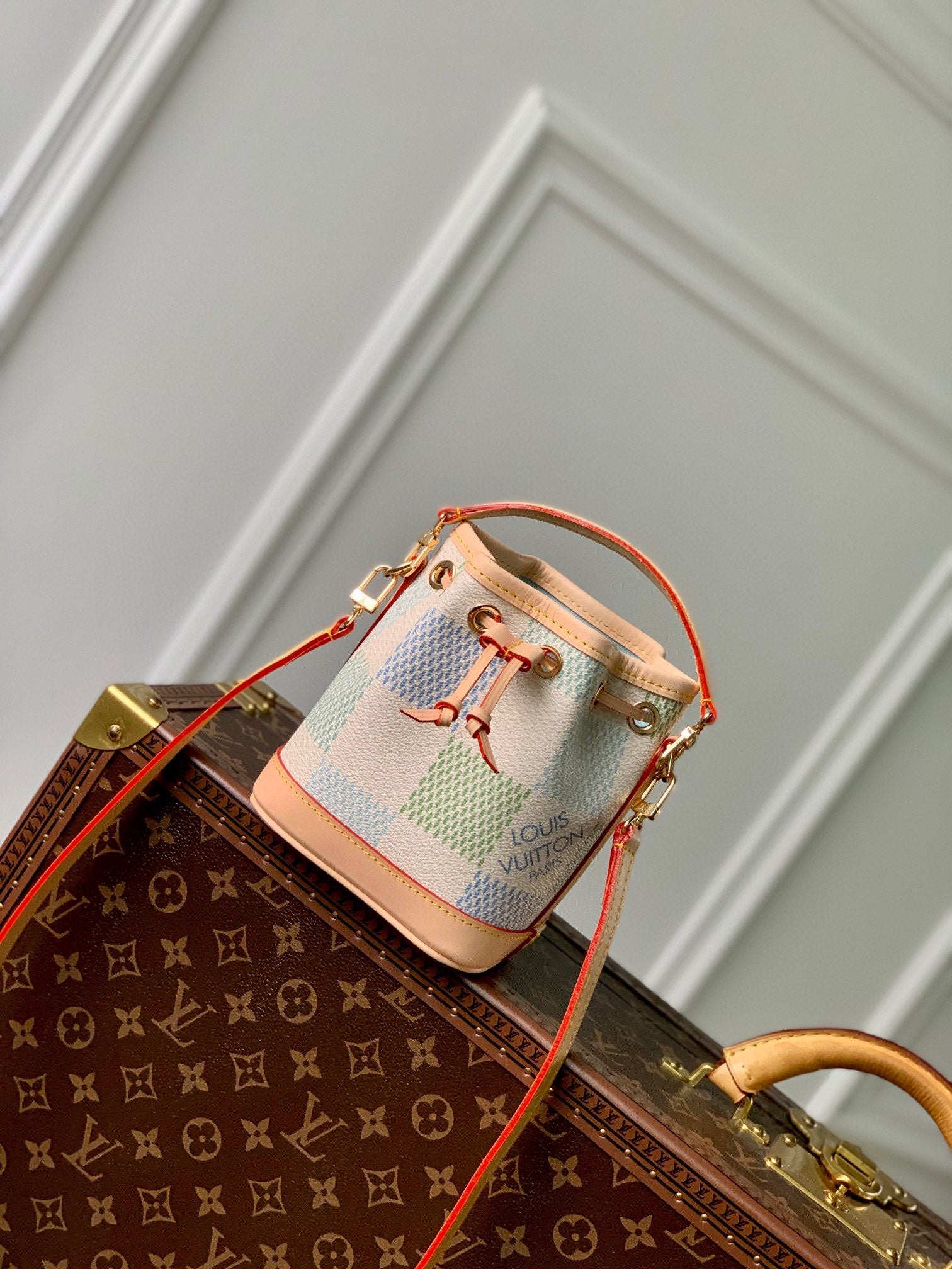 Louis Vuitton Pastel Checkerboard Drawstring Bucket Bag with Leather Strap