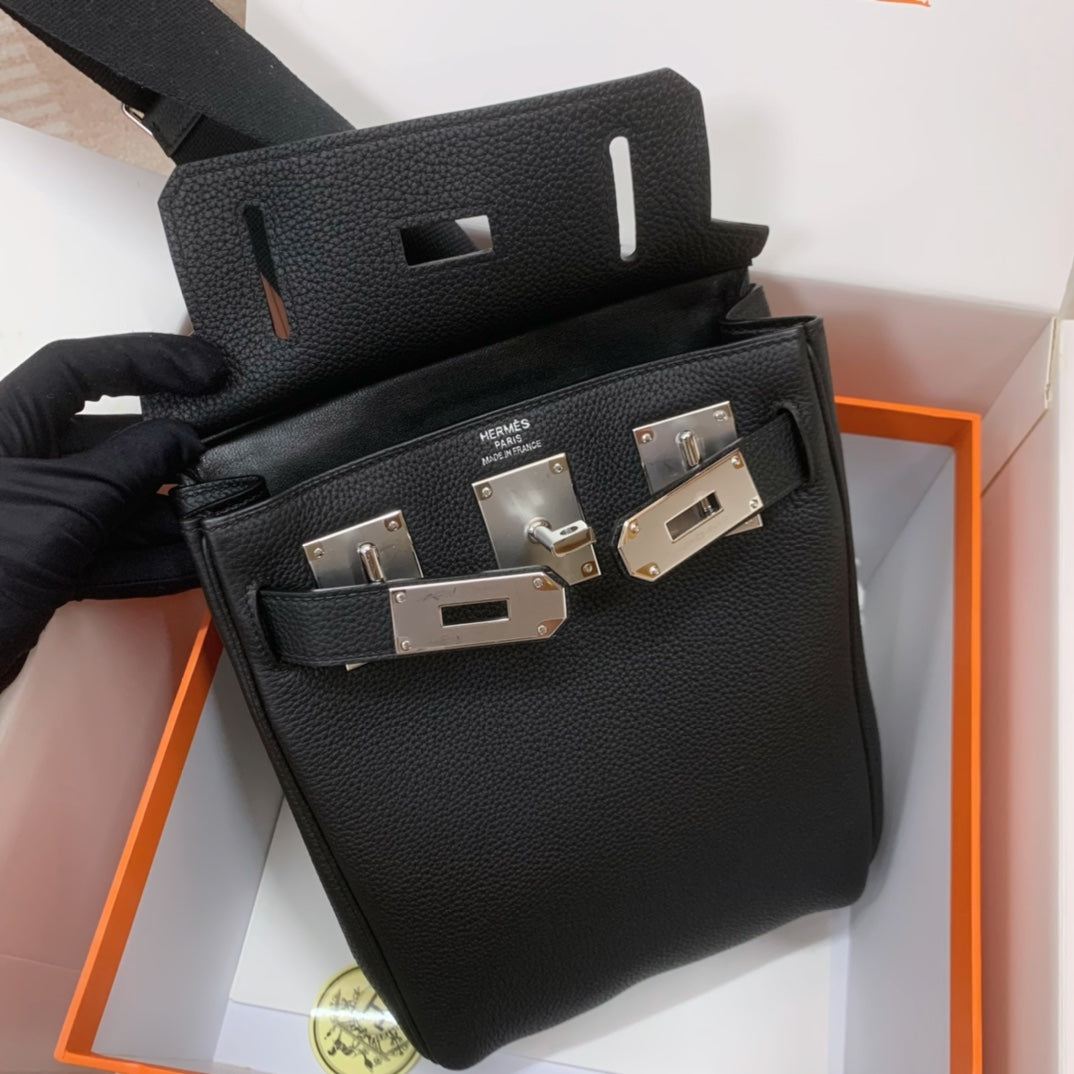 Hermès Kellyado Backpack Black Leather with Palladium Hardware