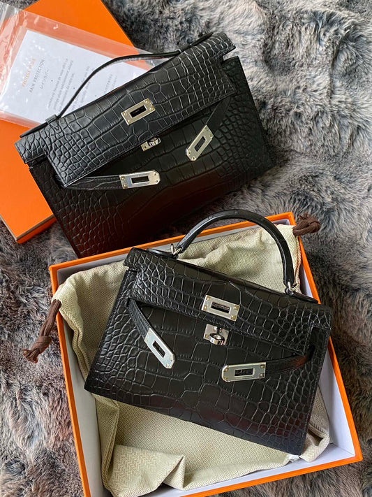 Luxurious Black Crocodile Embossed Leather Top Handle Bag with Silver Hardware