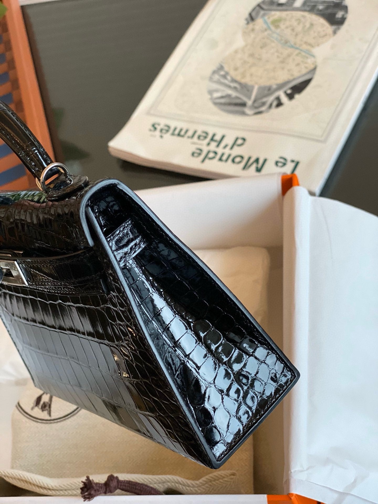 Hermès Mini Kelly II Black Shiny Crocodile Palladium Hardware Handbag