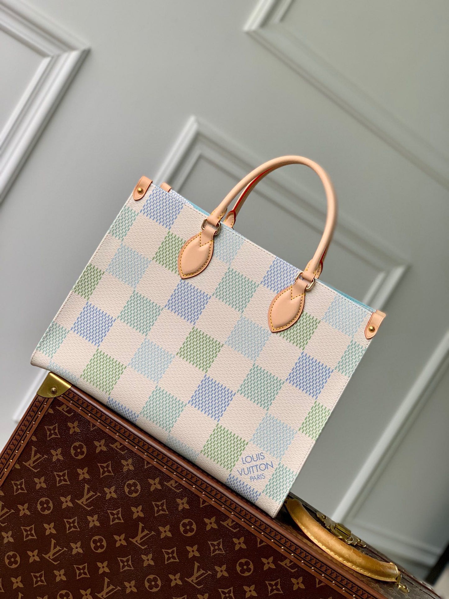 Louis Vuitton Pastel Checkered Pattern Canvas Tote Bag with Top Handles