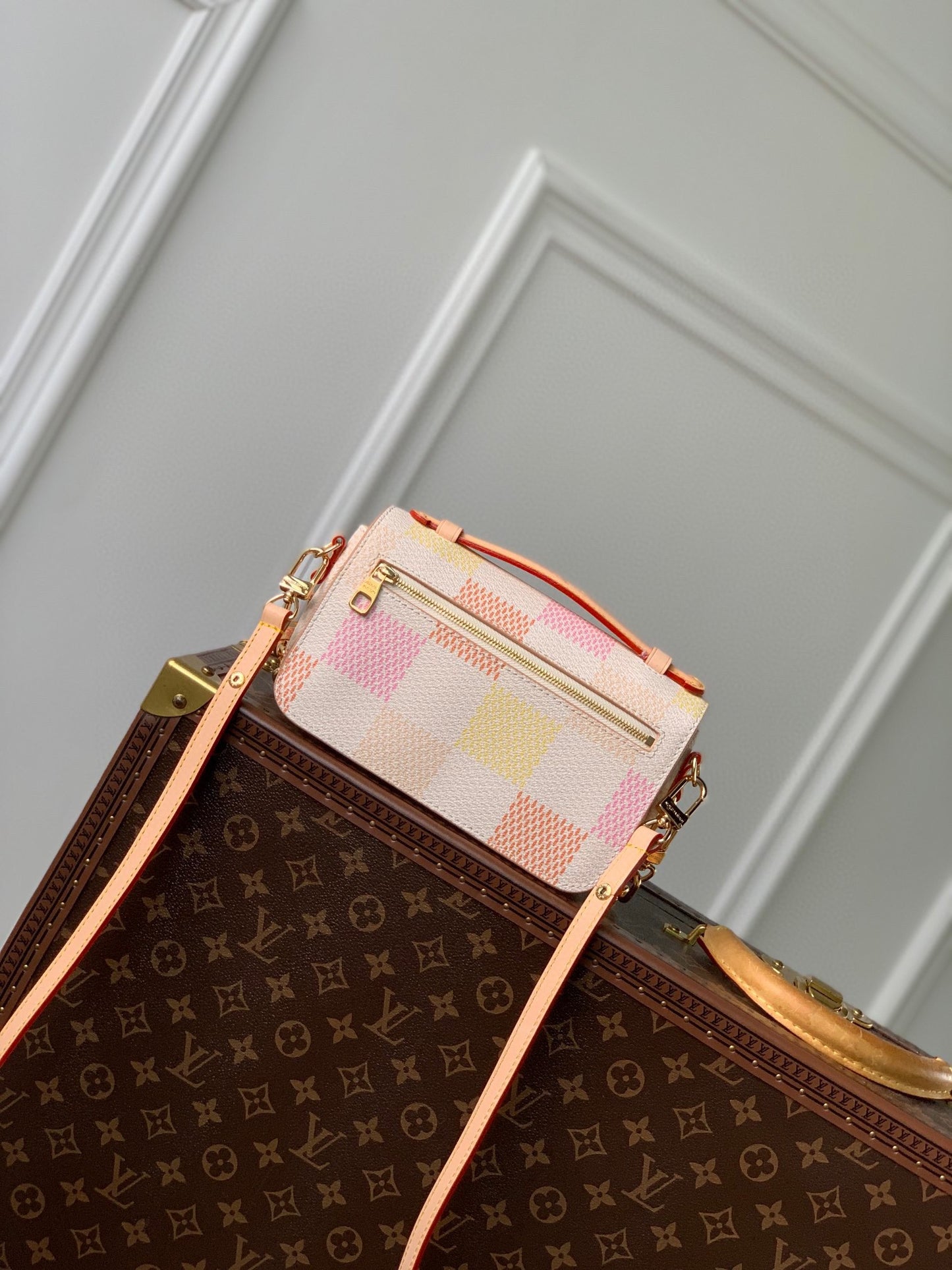 Louis Vuitton Elegant Pastel Checkered Crossbody Handbag with Gold Clasp