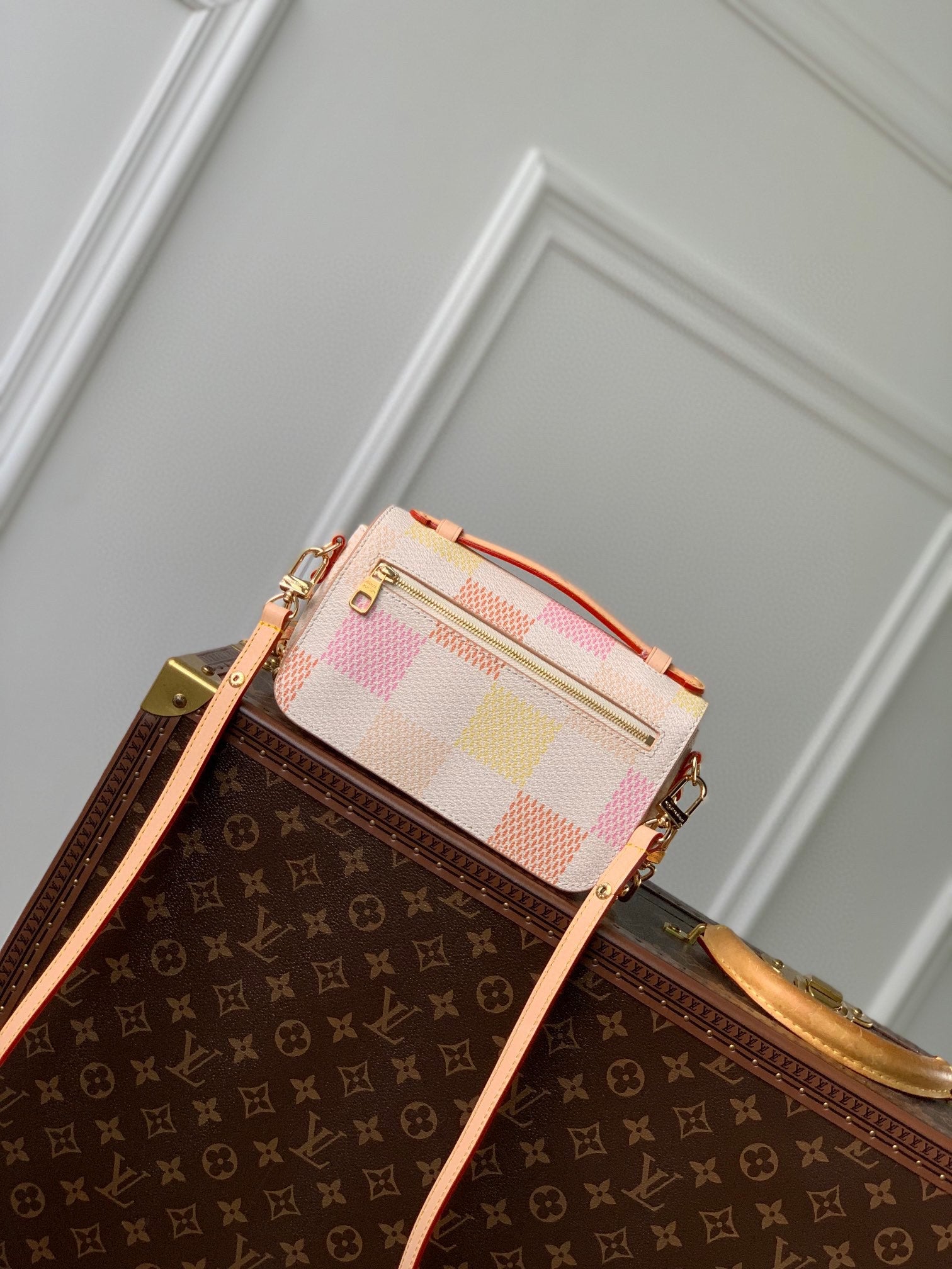 Louis Vuitton Elegant Pastel Checkered Crossbody Handbag with Gold Clasp