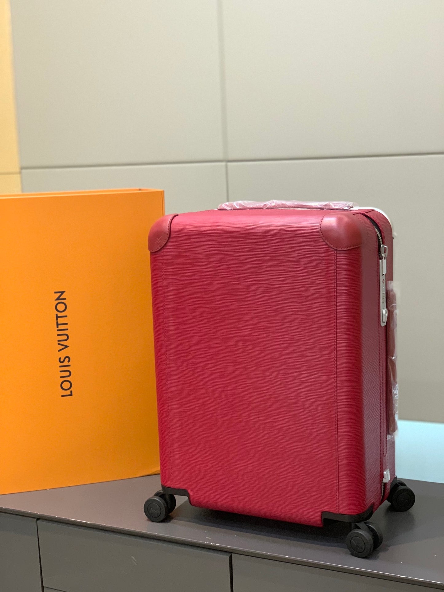 Premium Red Textured Leather Rolling Suitcase Spinner Luggage