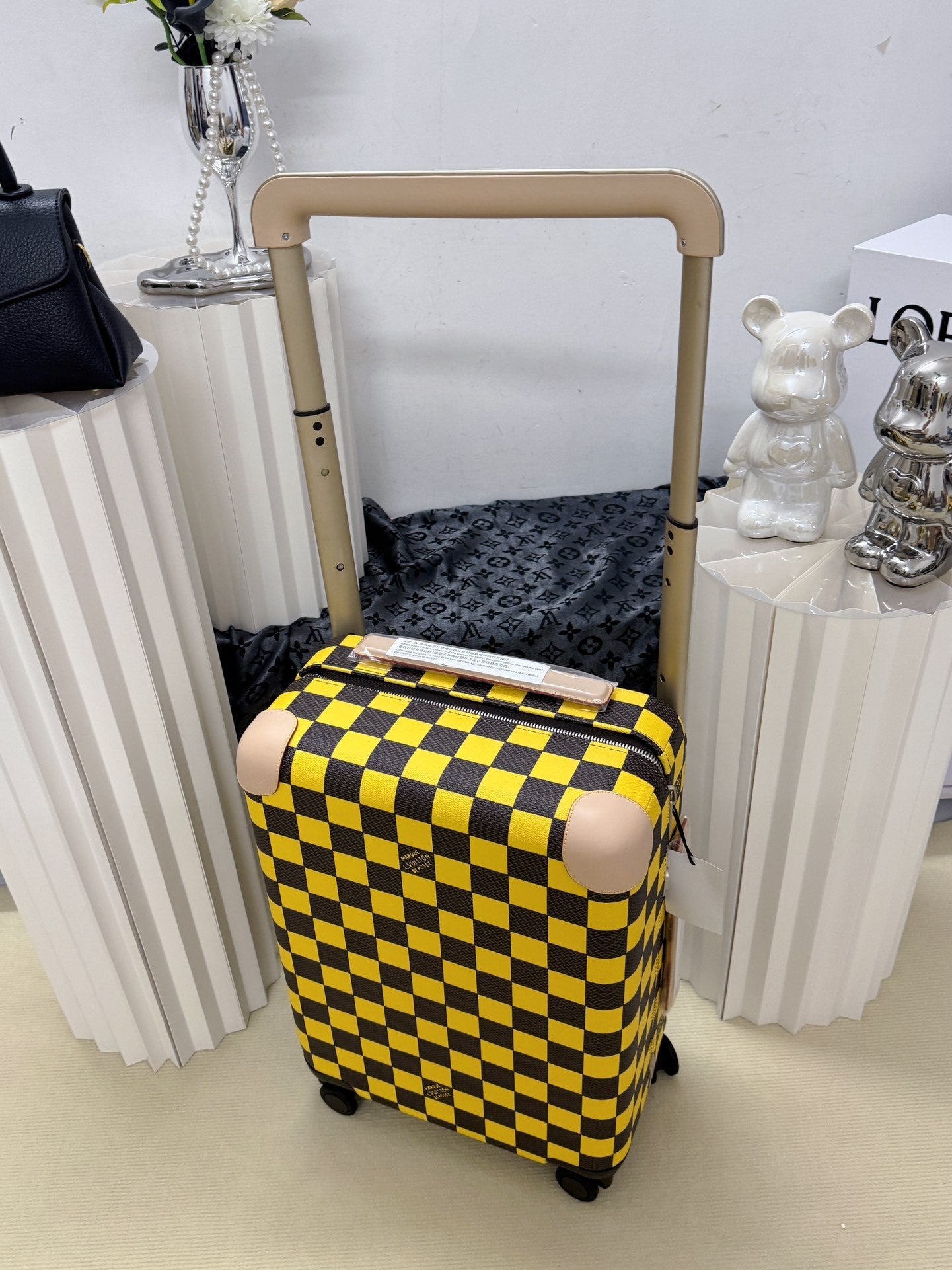 Vintage Yellow and Black Checkerboard Hardside Spinner Suitcase