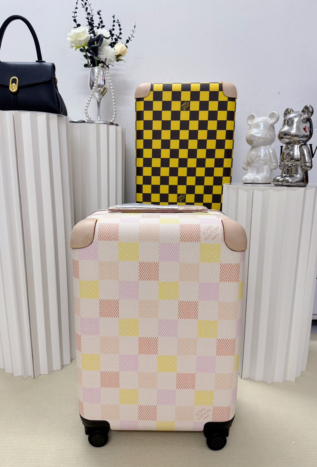 Pastel Pink and Yellow Checkered Hardshell Spinner Luggage Suitcase