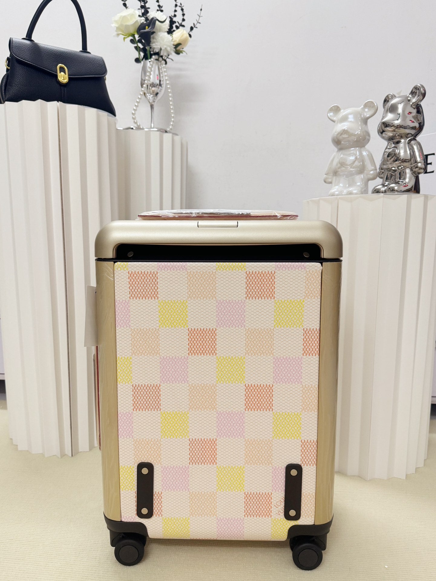 Pastel Pink and Yellow Checkered Hardshell Spinner Luggage Suitcase