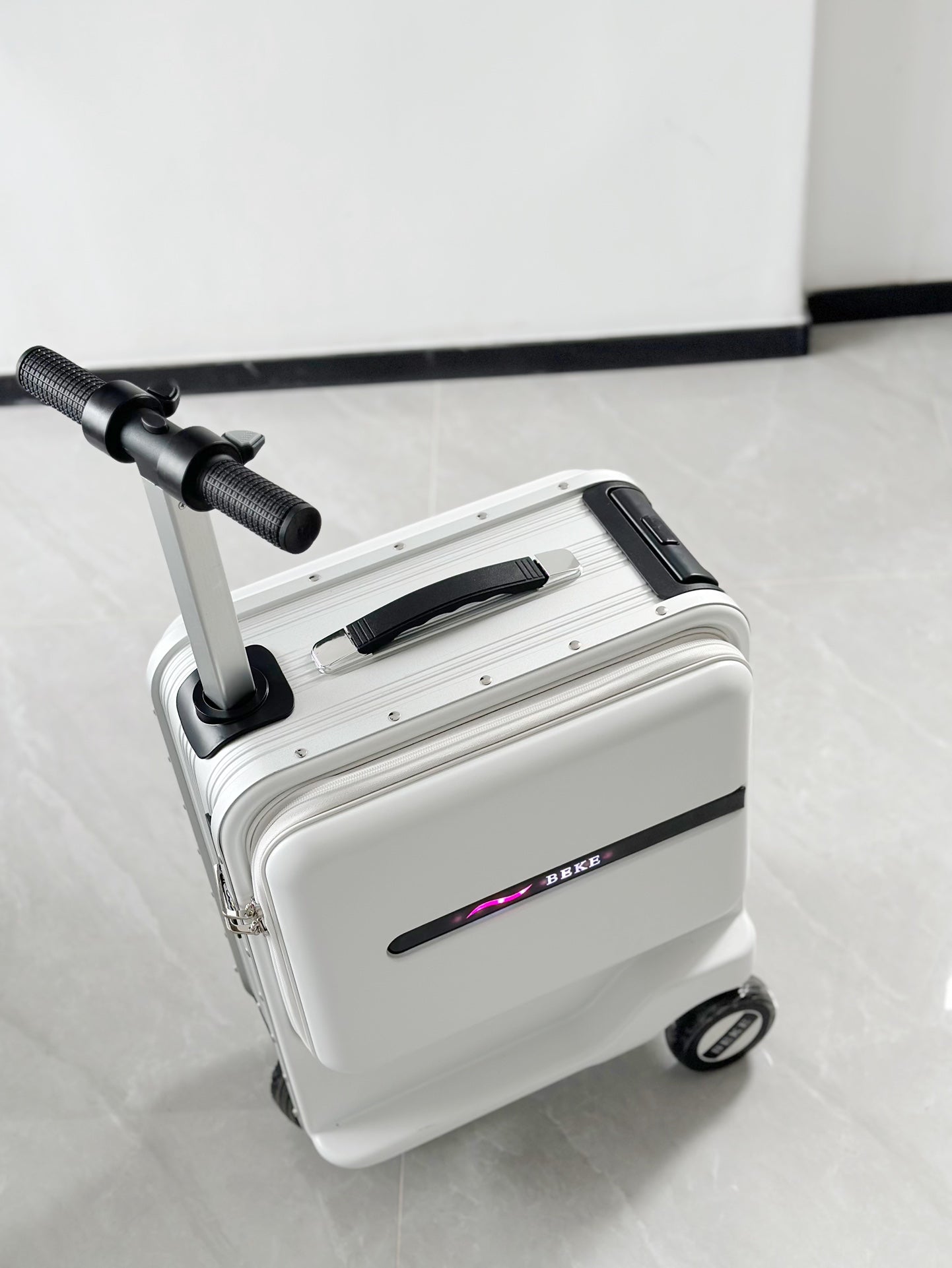 White Electric Ride-On Scooter Suitcase Hardshell Carry-On Luggage
