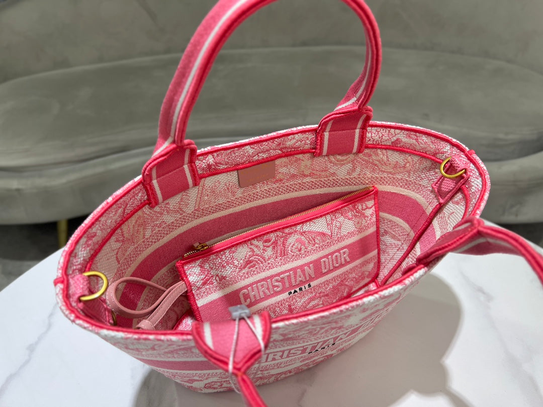 Dior Pink Embroidered Toile de Jouy Canvas Tote Bag with Strap
