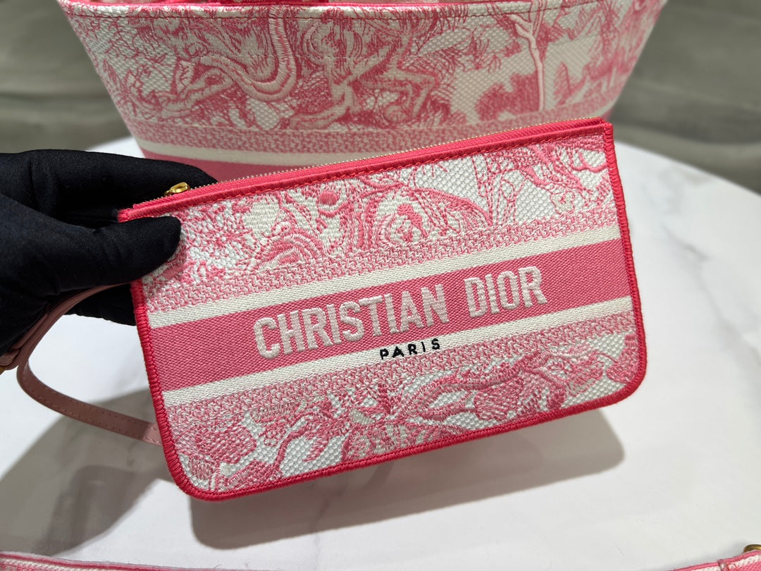 Dior Pink Embroidered Toile de Jouy Canvas Tote Bag with Strap
