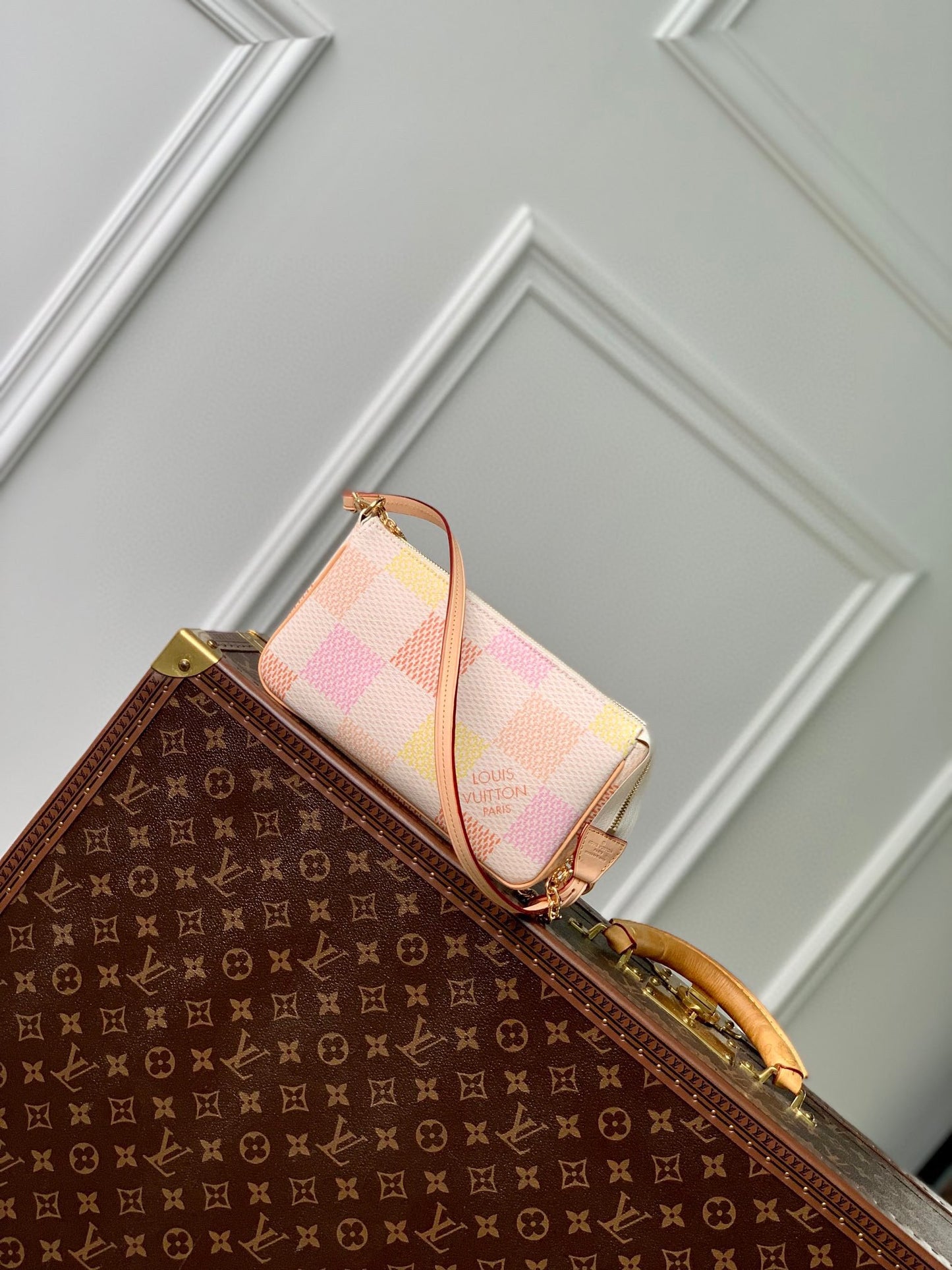 Louis Vuitton Pastel Checkered Canvas Pochette Bag with Gold Chain Strap