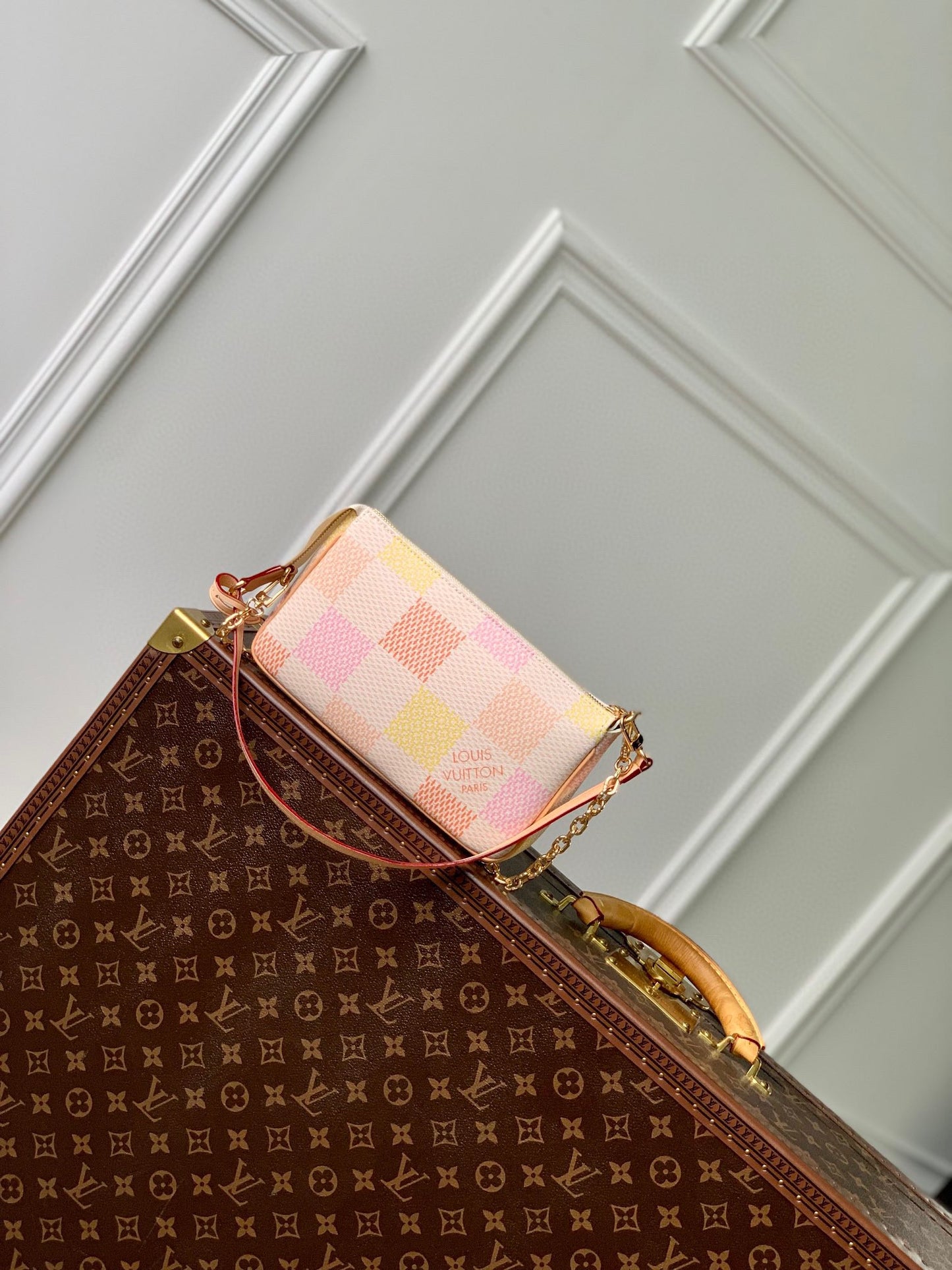 Louis Vuitton Pastel Checkered Canvas Pochette Bag with Gold Chain Strap