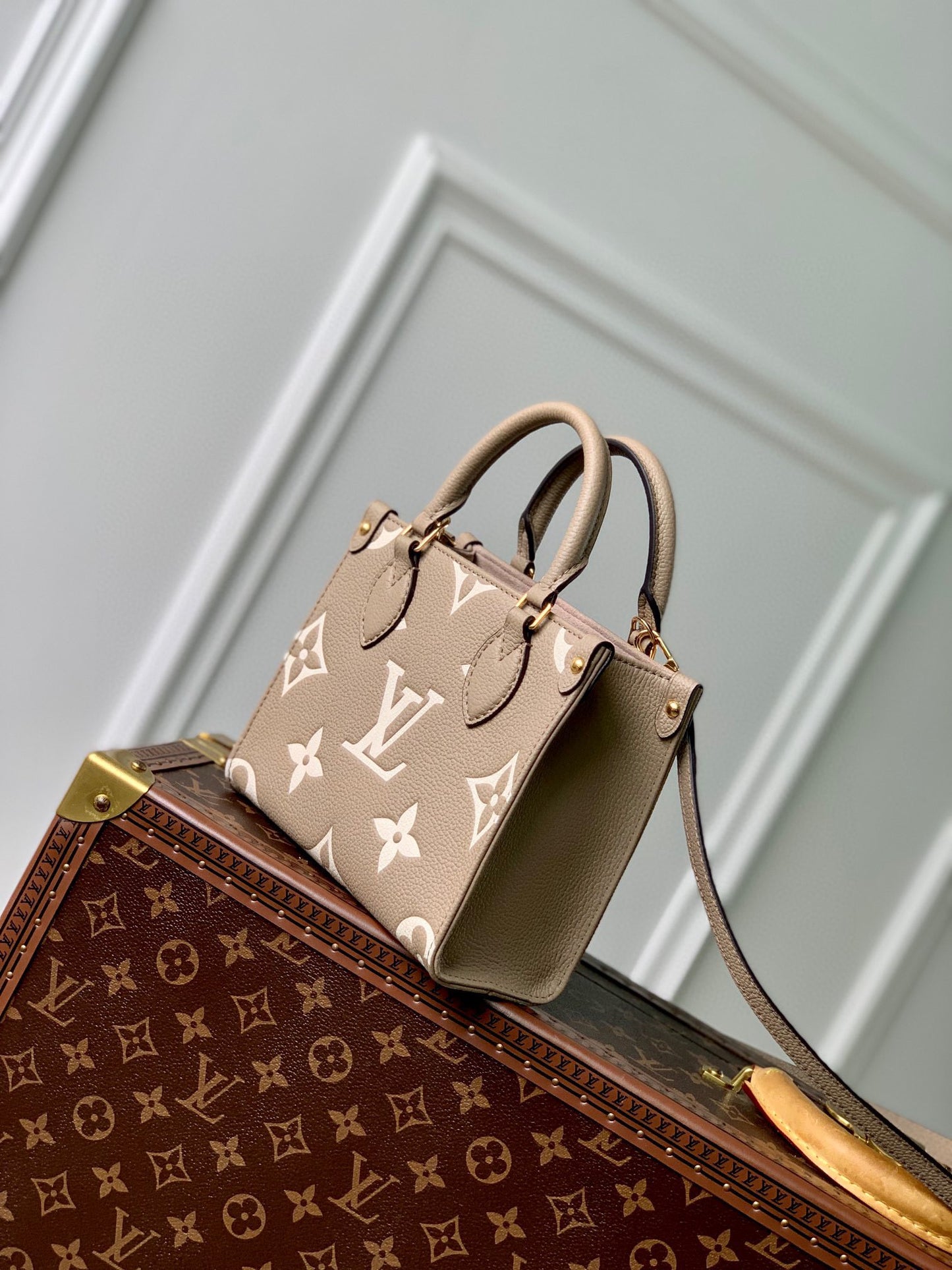 Louis Vuitton Elegant Taupe Embossed Leather Mini Tote Bag with Top Handles