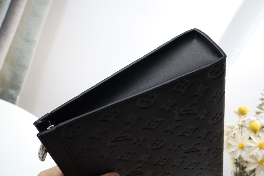 Black Embossed Monogram Leather Clutch Pouch Bag with Wristlet