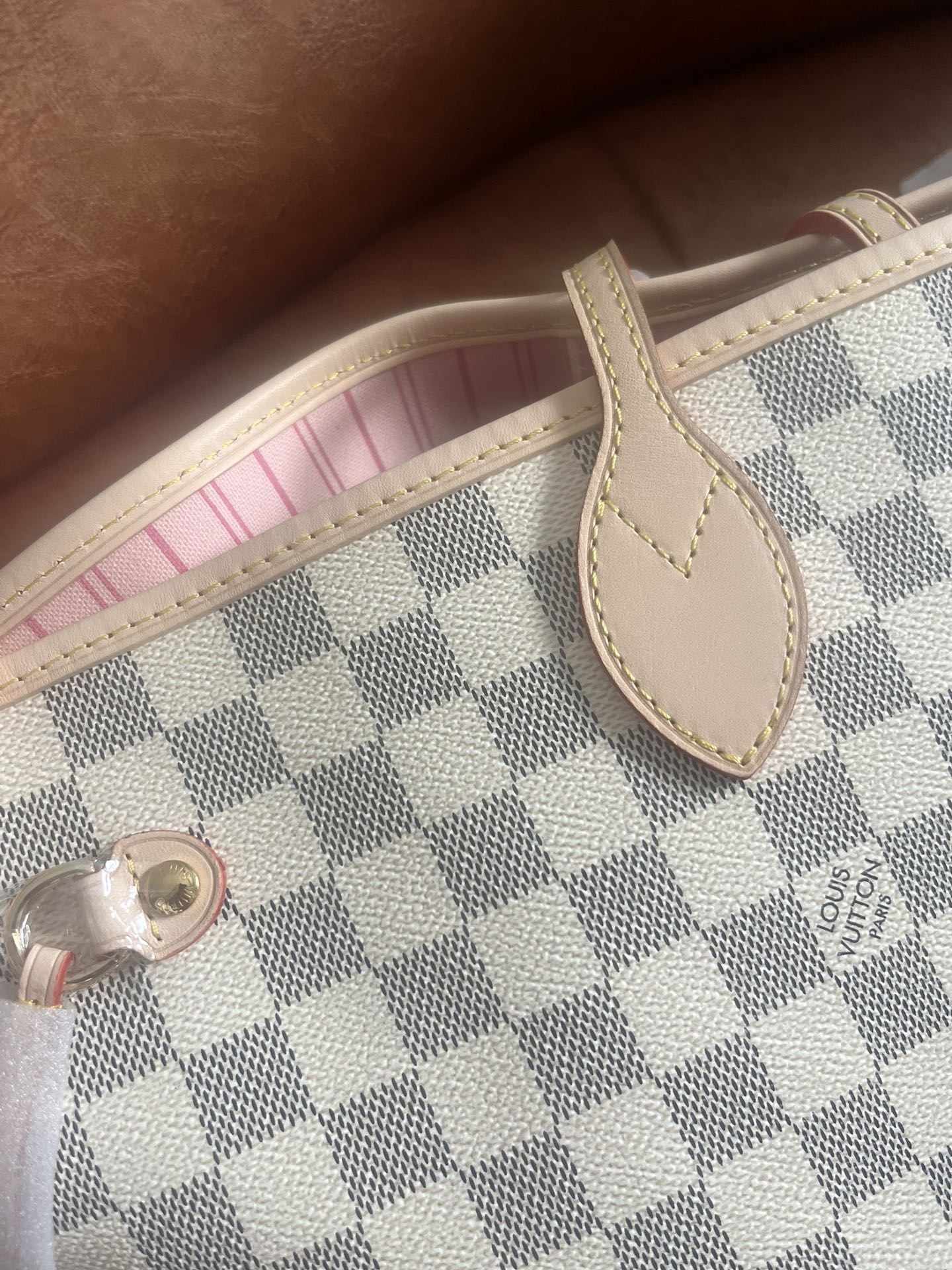Checkered Canvas Tote Bag with Leather Trim - Large Shoulder Handbag - White and Grey