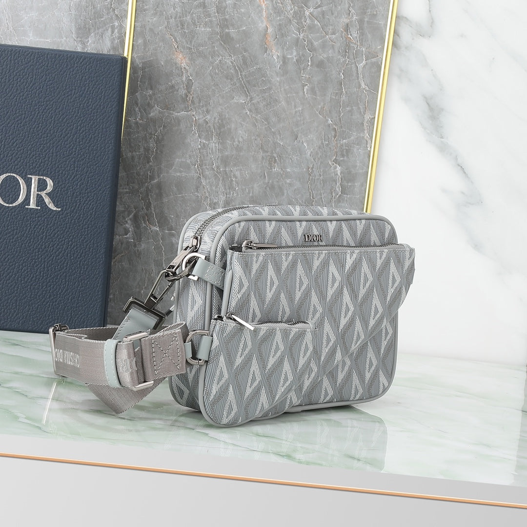 Dior Grey Geometric Print Crossbody Shoulder Bag with Detachable Pouch