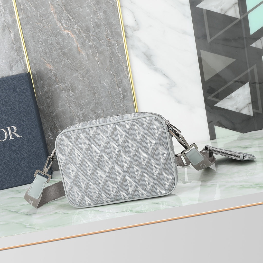 Dior Grey Geometric Print Crossbody Shoulder Bag with Detachable Pouch