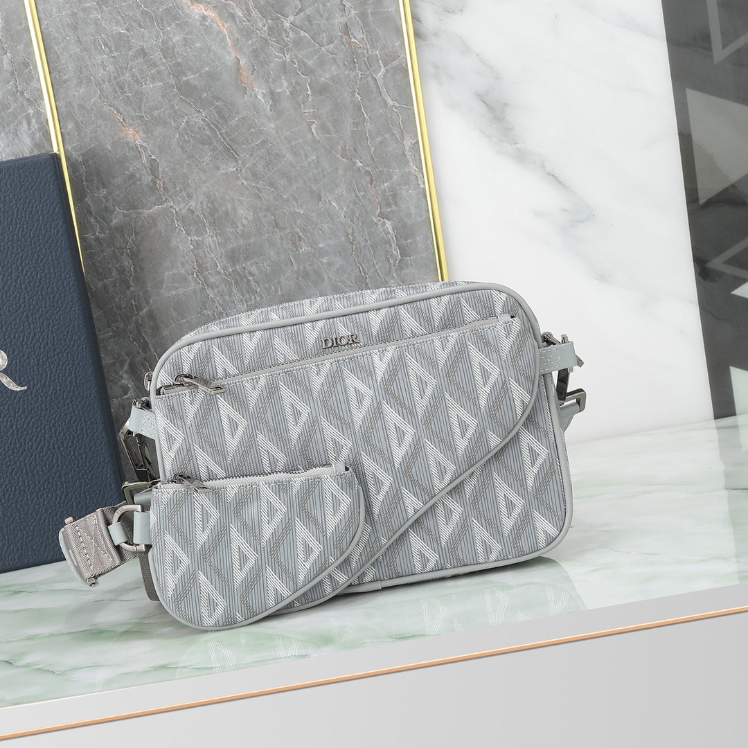 Dior Grey Geometric Print Crossbody Shoulder Bag with Detachable Pouch