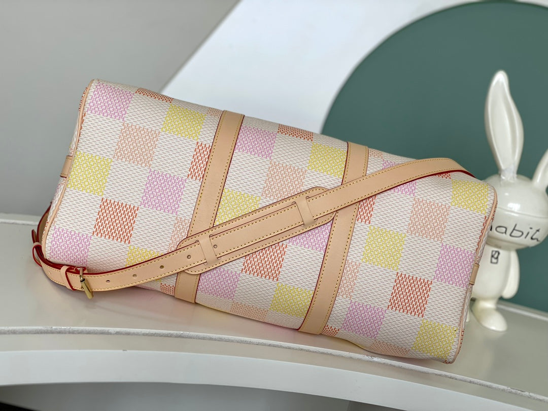 Louis Vuitton Pastel Checkerboard Leather Duffle Bag Weekend Travel Handbag