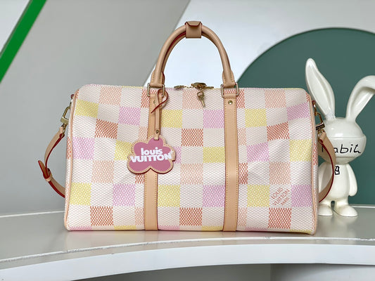 Louis Vuitton Pastel Checkerboard Leather Duffle Bag Weekend Travel Handbag